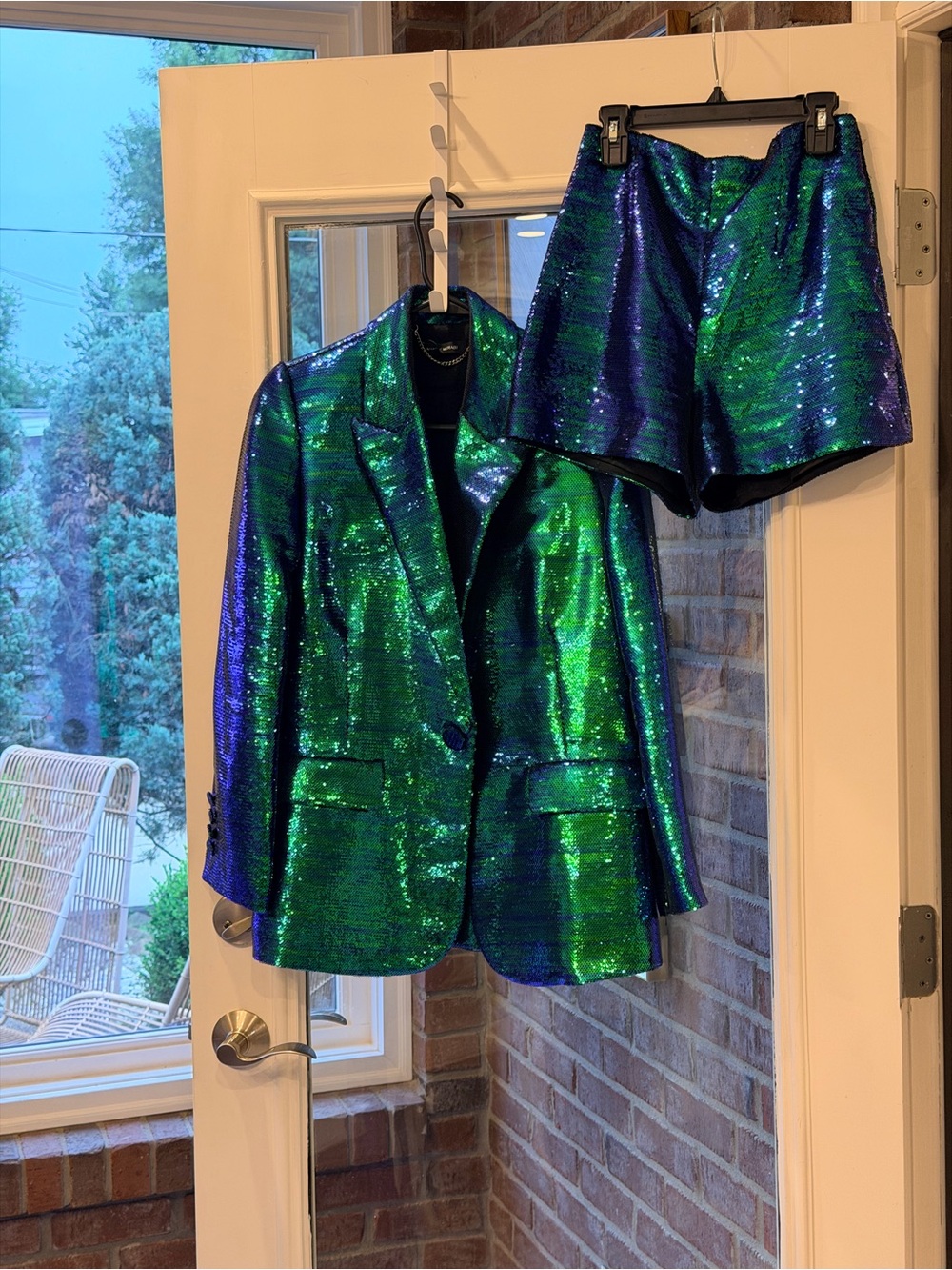 NADINE MERABI Green and Blue Sequin Blazer with Matching Shorts